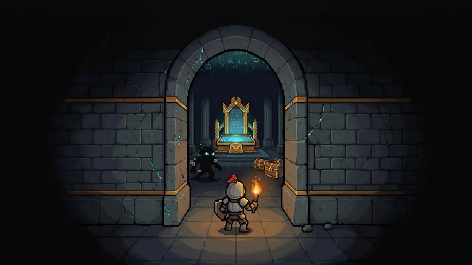 A torchbearing knight stands in a stone archway of the Gilded Dungeon, facing a gilded throne lit from within; a shadowed enemy waits beside it and loot chests are stacked to the right.