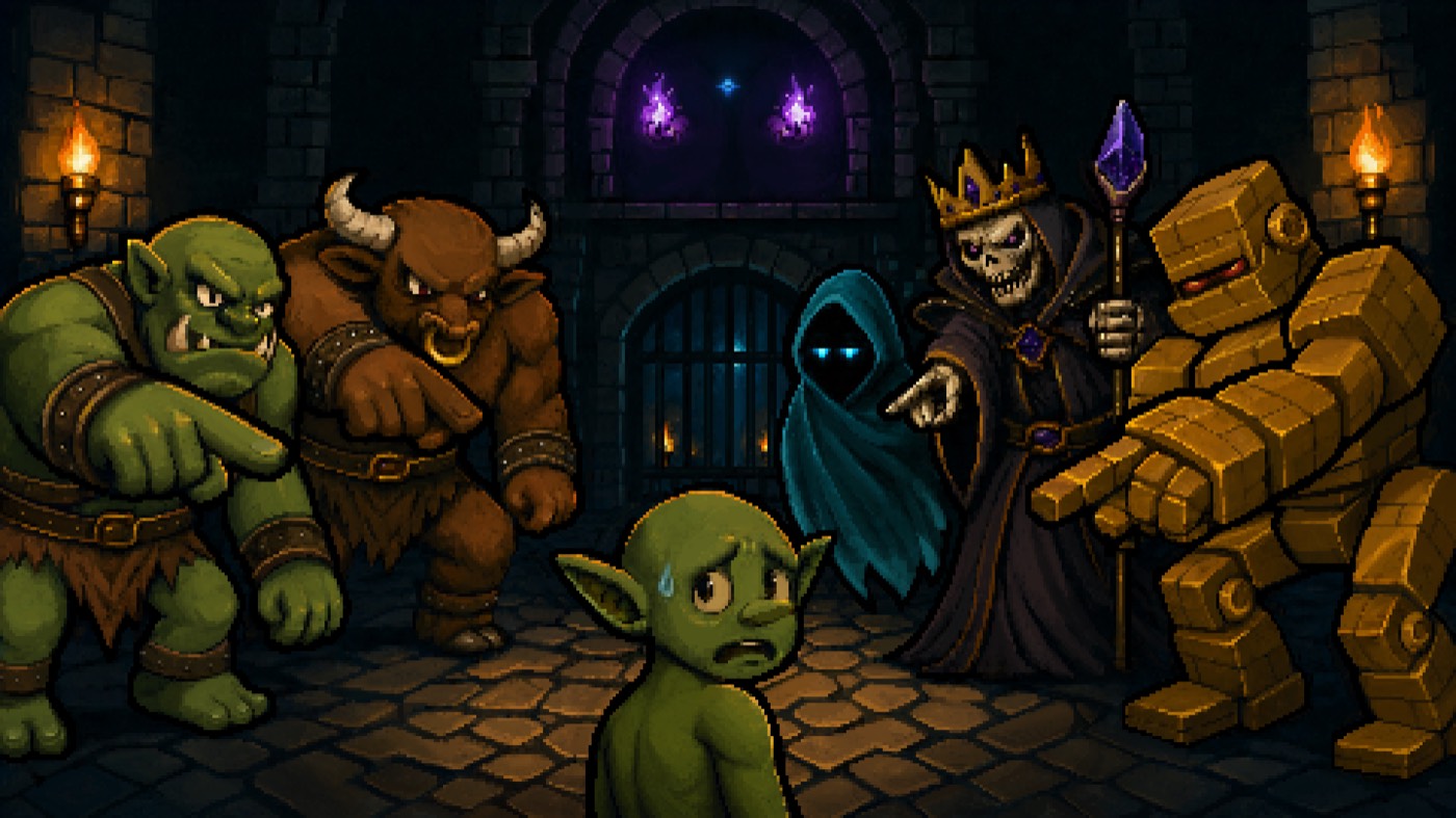 GRID key art: a nervous goblin stands in a torchlit dungeon hall, ringed by monsters — a minotaur, a hooded wraith, and a crowned lich among them.